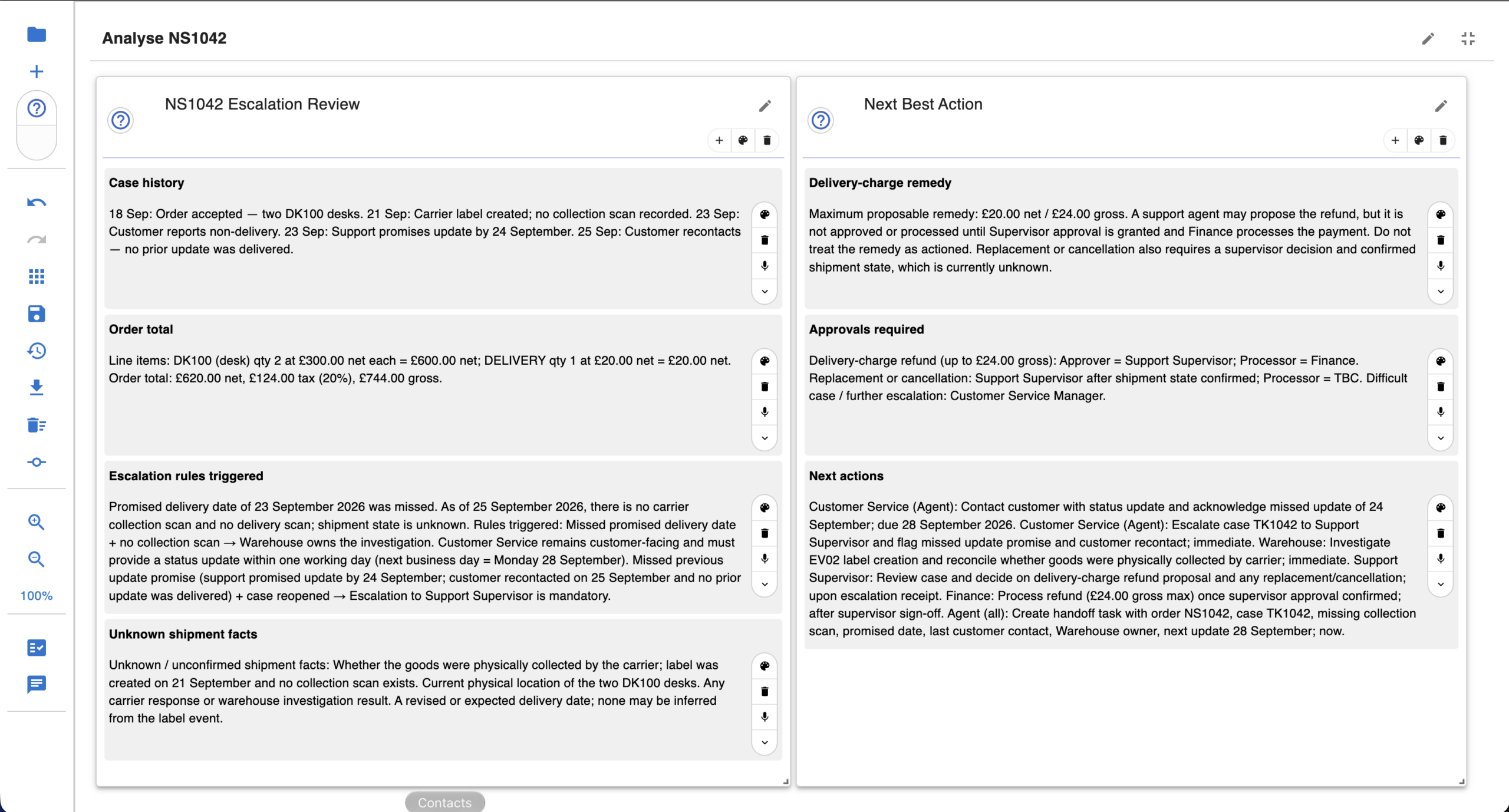 Escalation review and next best actions for an order