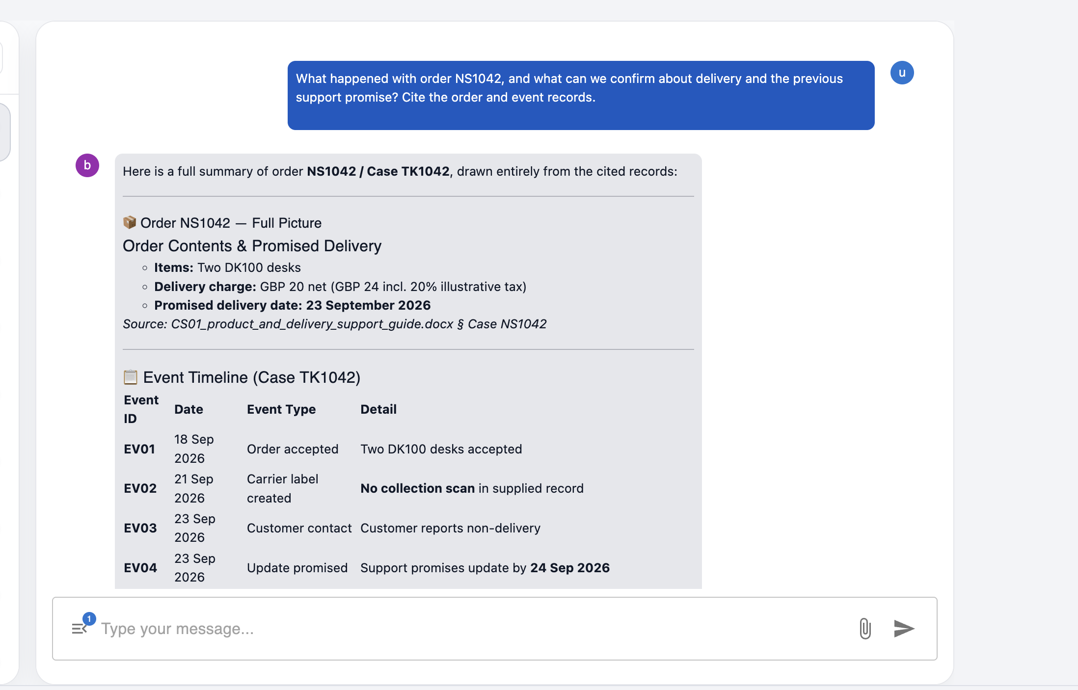 Birbal chat summarising an order's delivery history