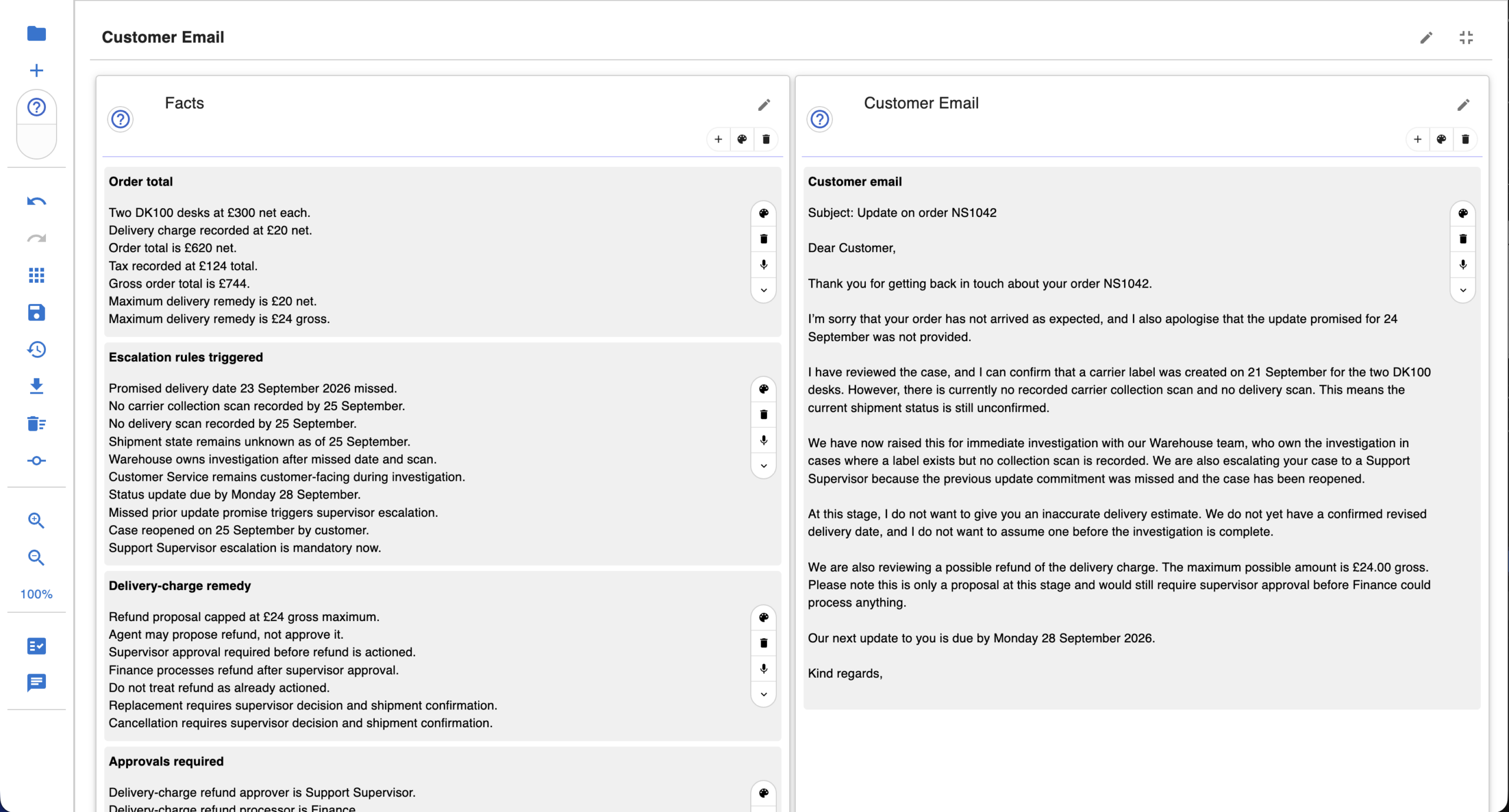 Case facts alongside a drafted customer update email