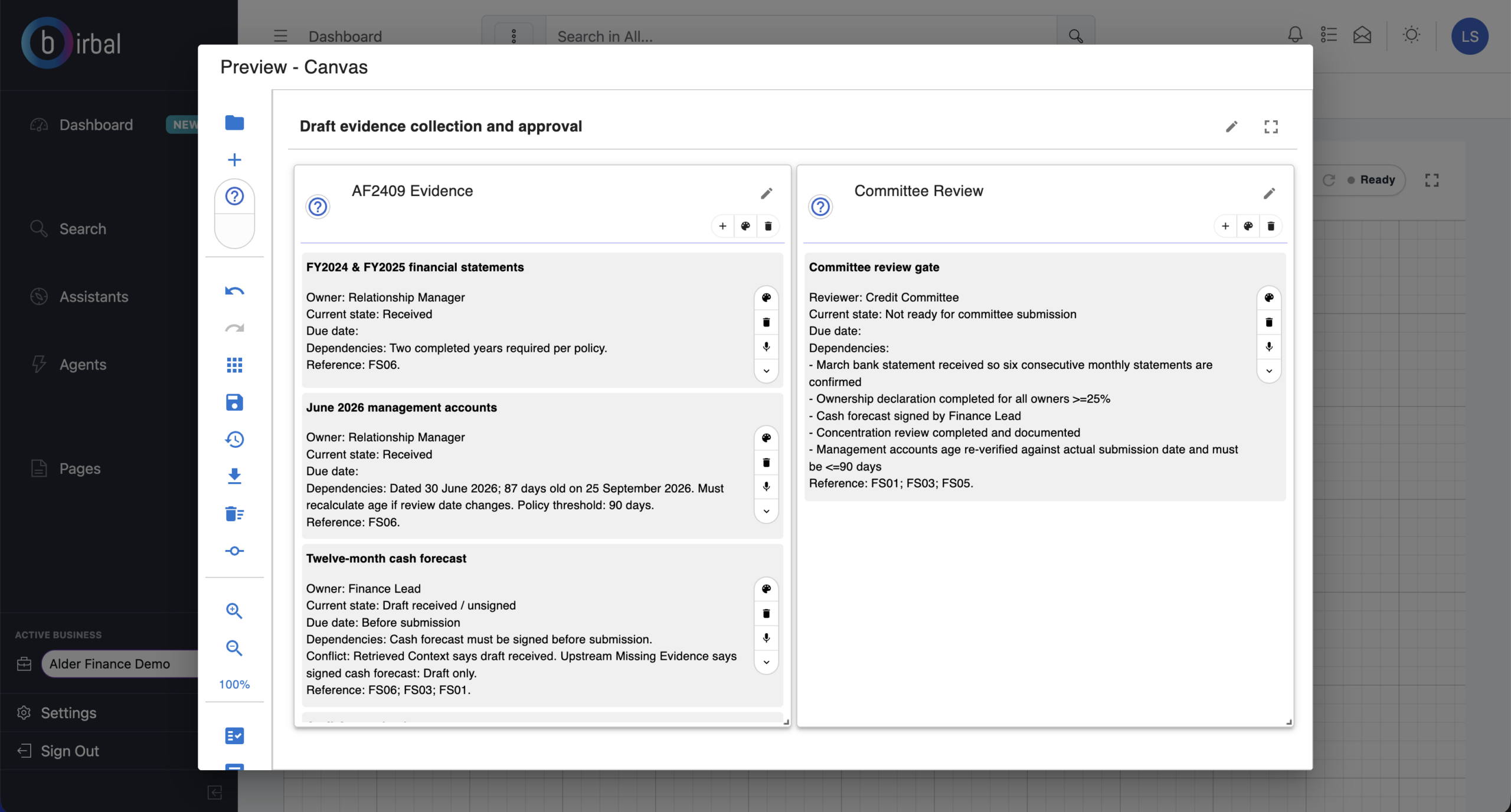 Evidence collection tasks and credit committee review gate