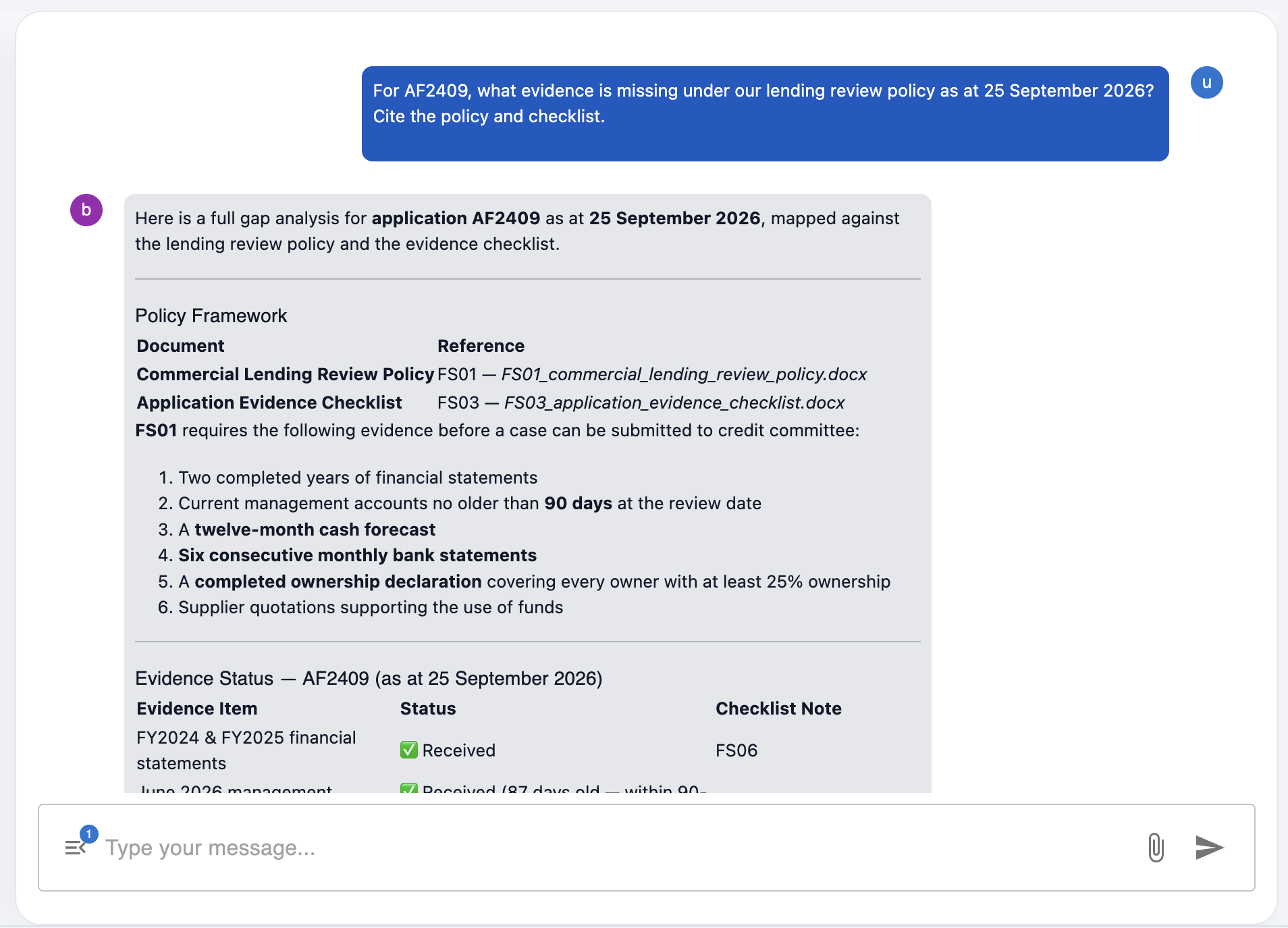 Birbal chat listing missing evidence for a loan application