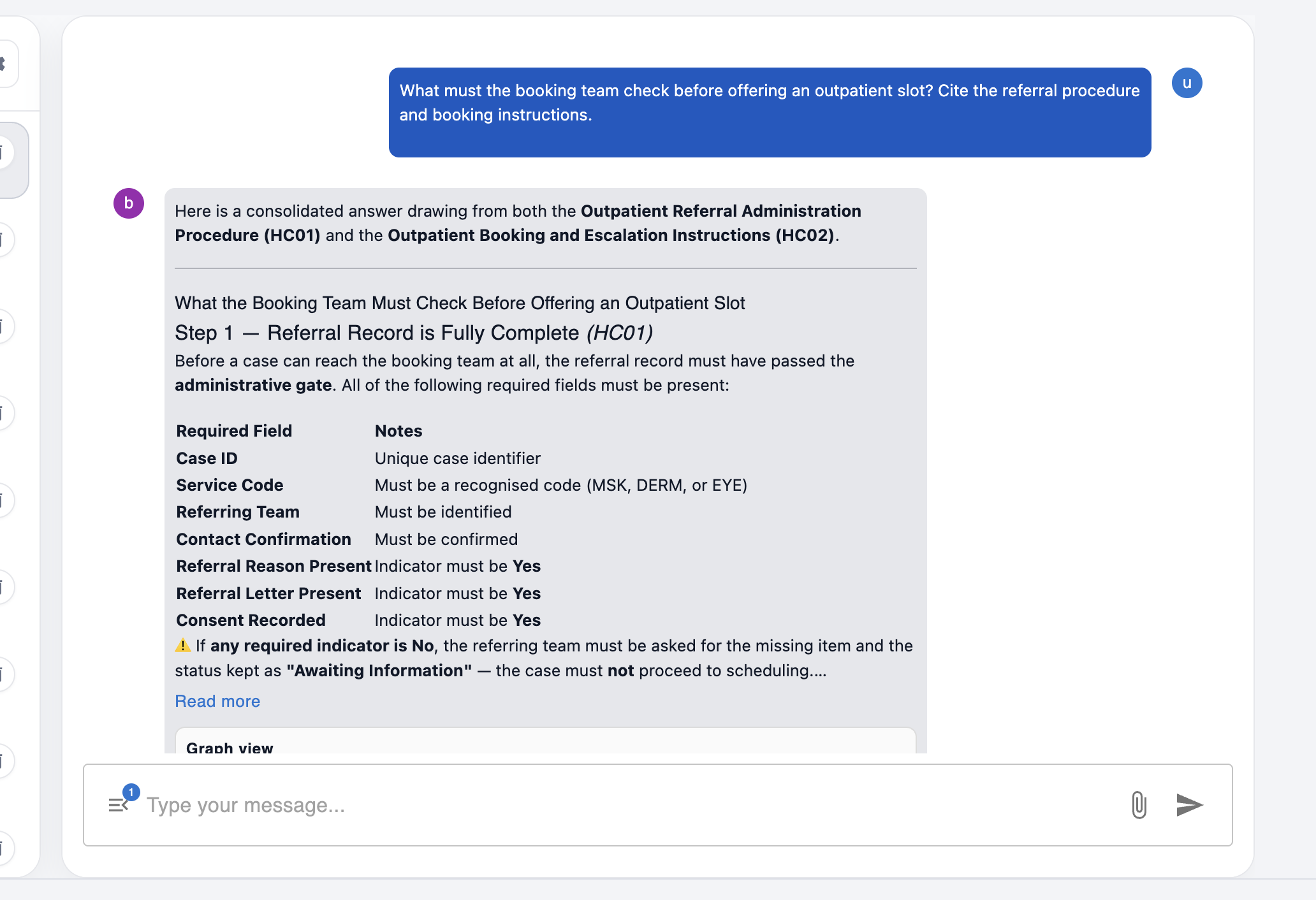 Birbal chat explaining outpatient referral booking checks