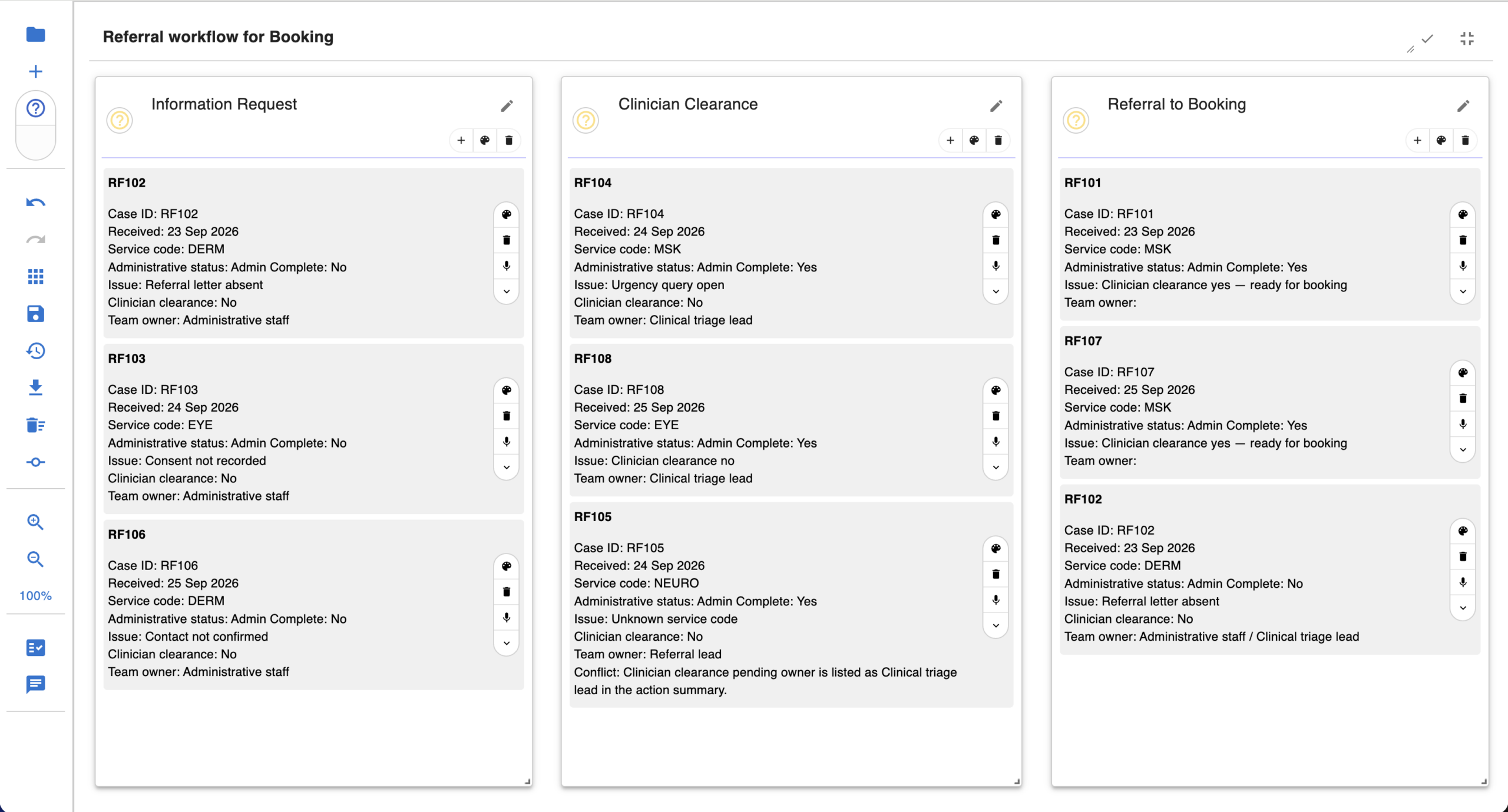 Referral cases grouped into booking workflow stages
