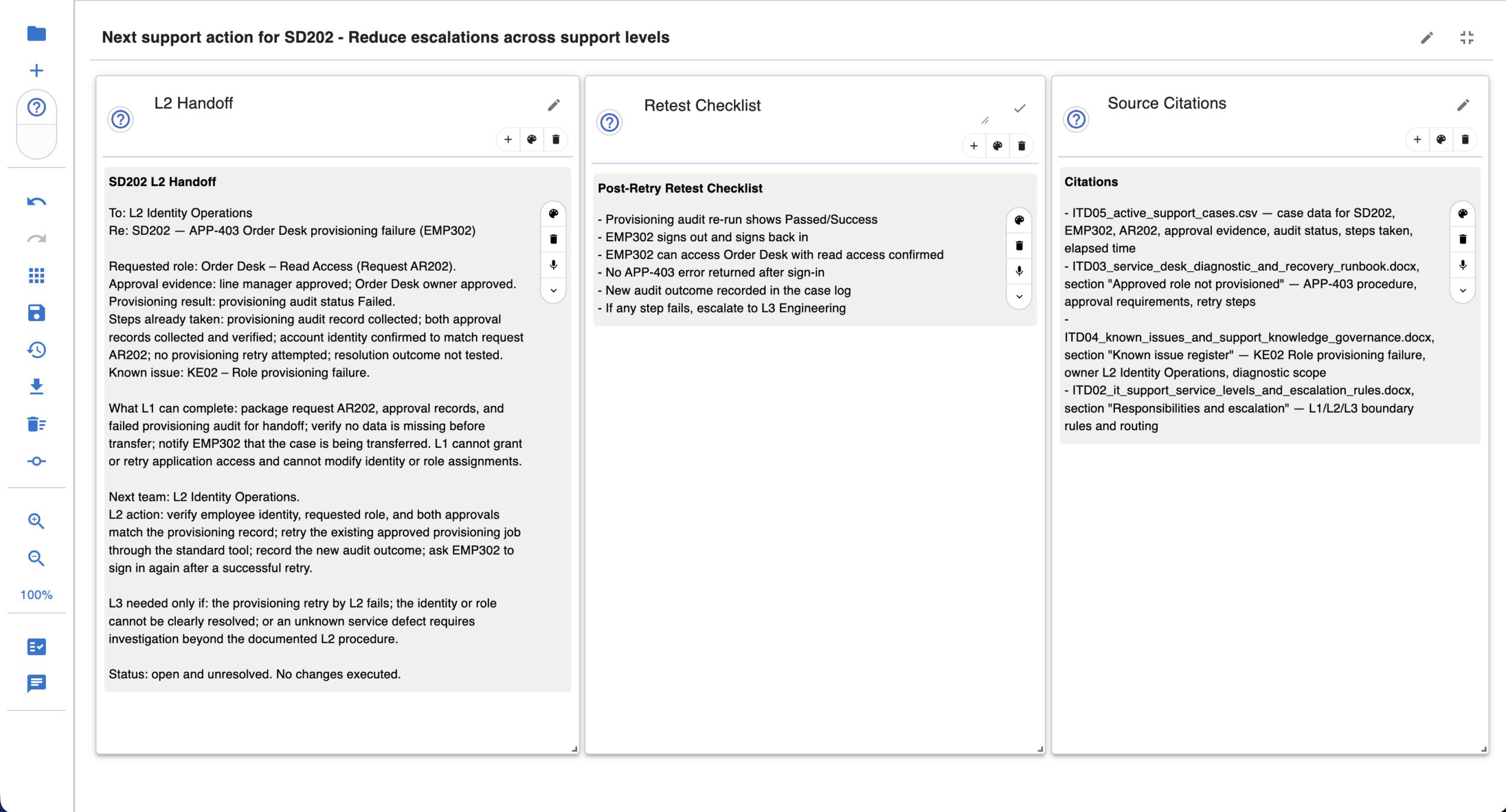 Level 2 handoff with retest checklist and citations