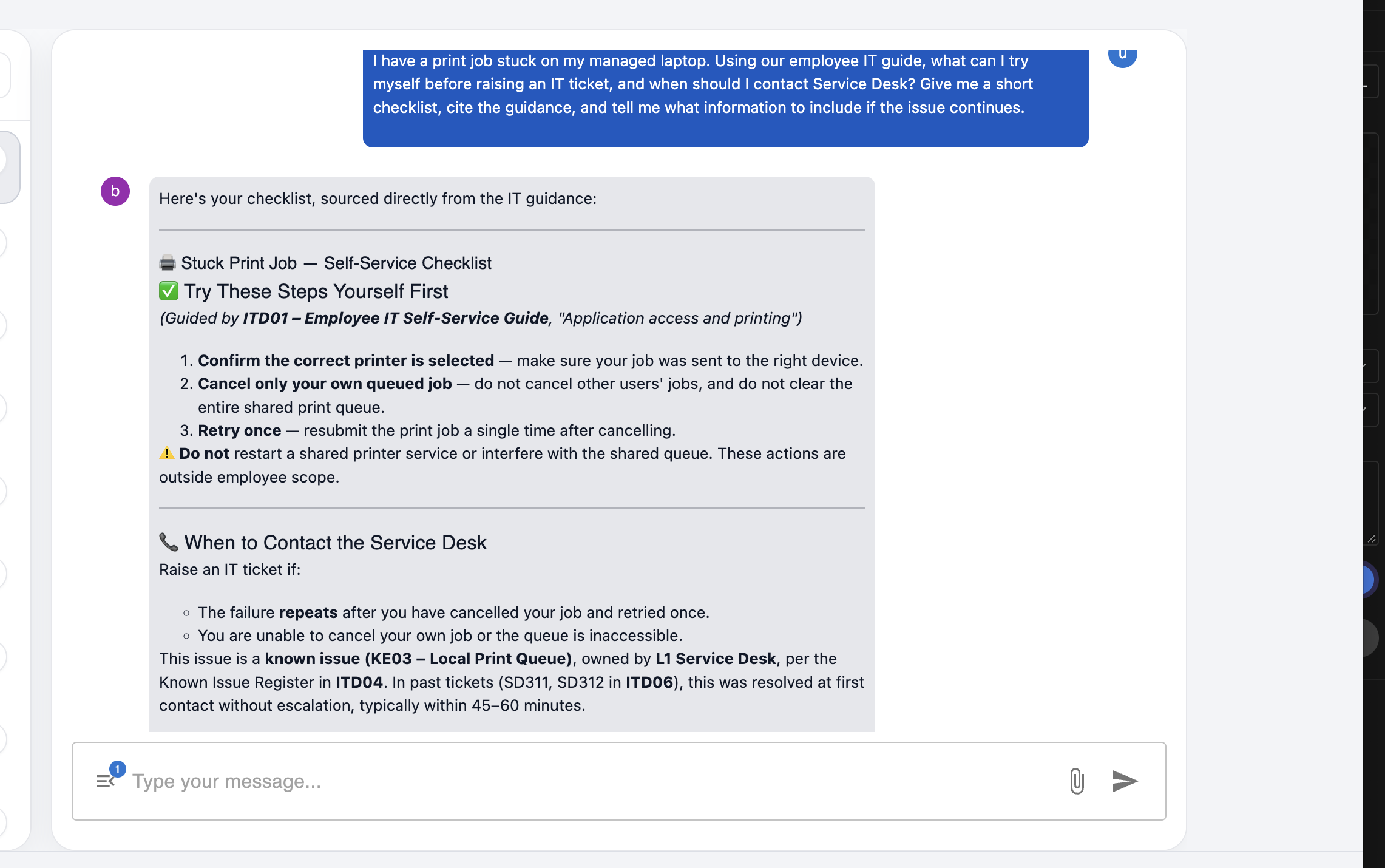 Birbal chat giving self-service steps for stuck print job