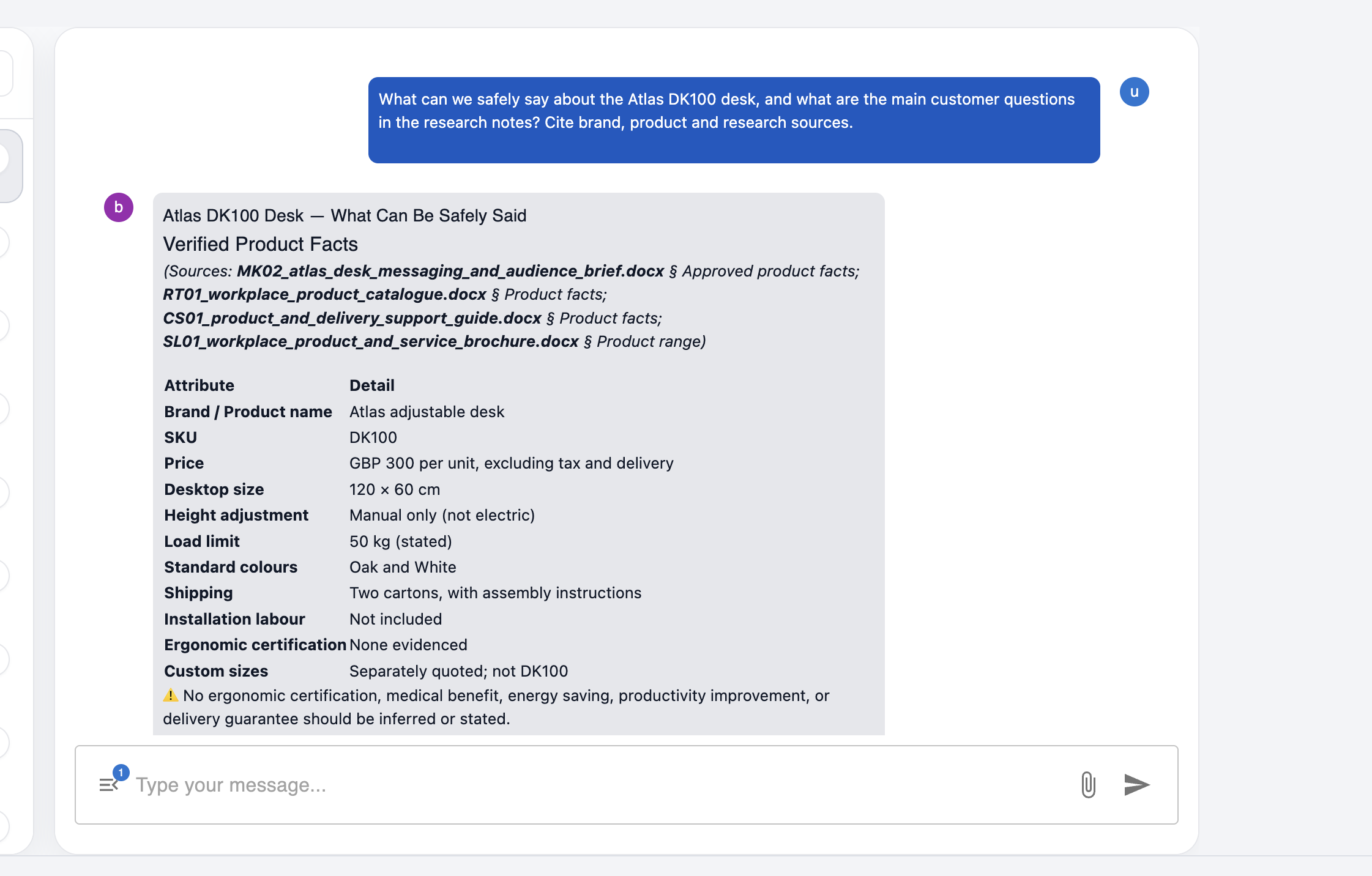 Birbal chat listing verified product facts for messaging
