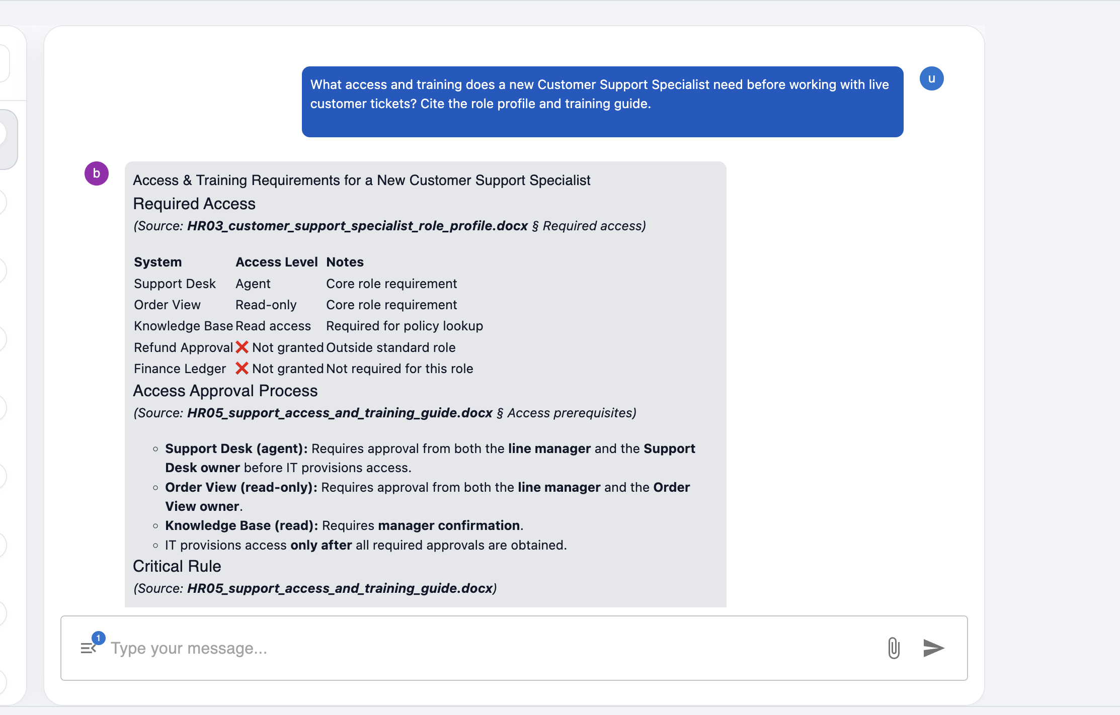 Birbal chat listing access and training for new hire
