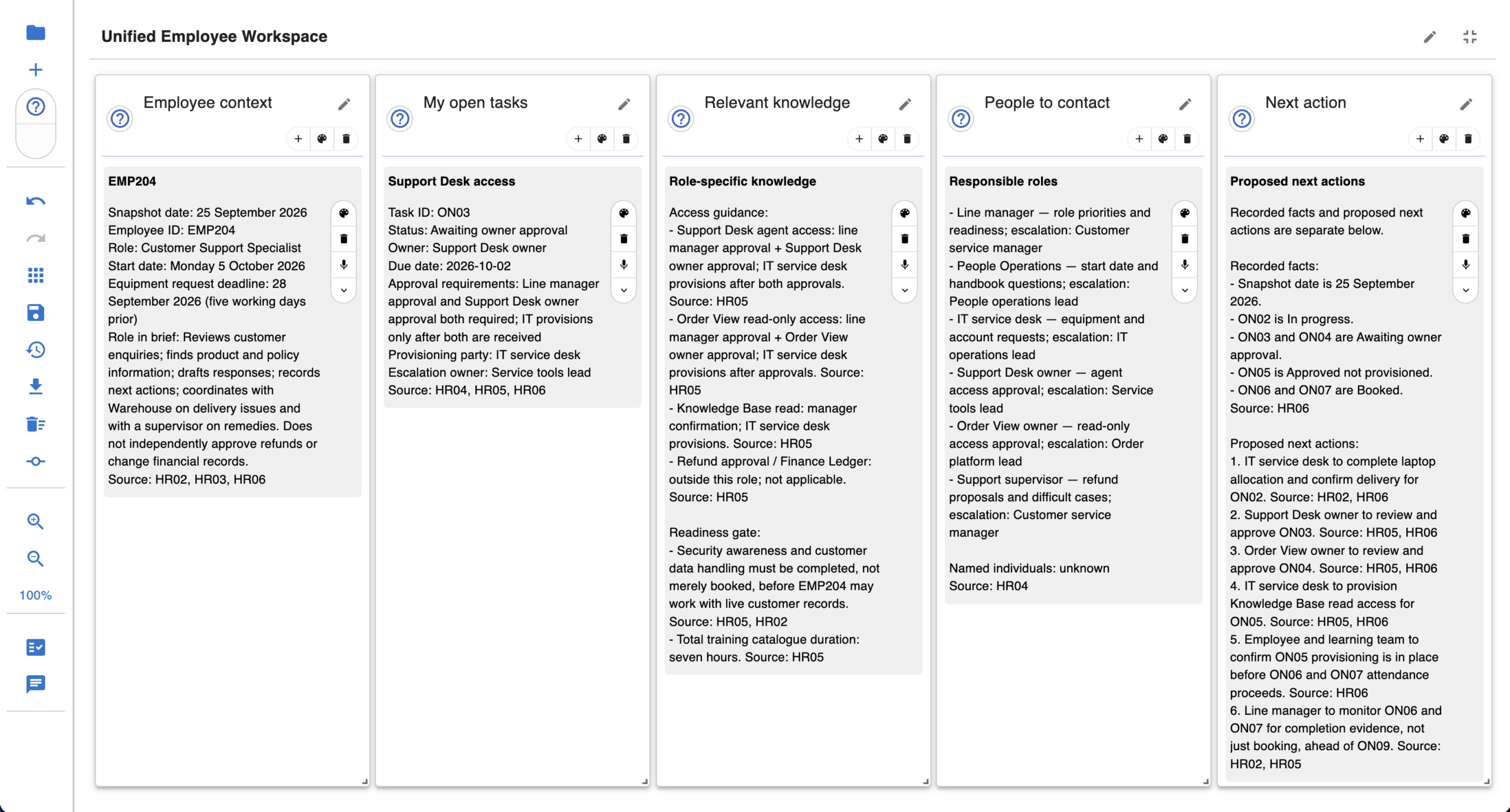 Unified employee workspace with tasks, knowledge and contacts