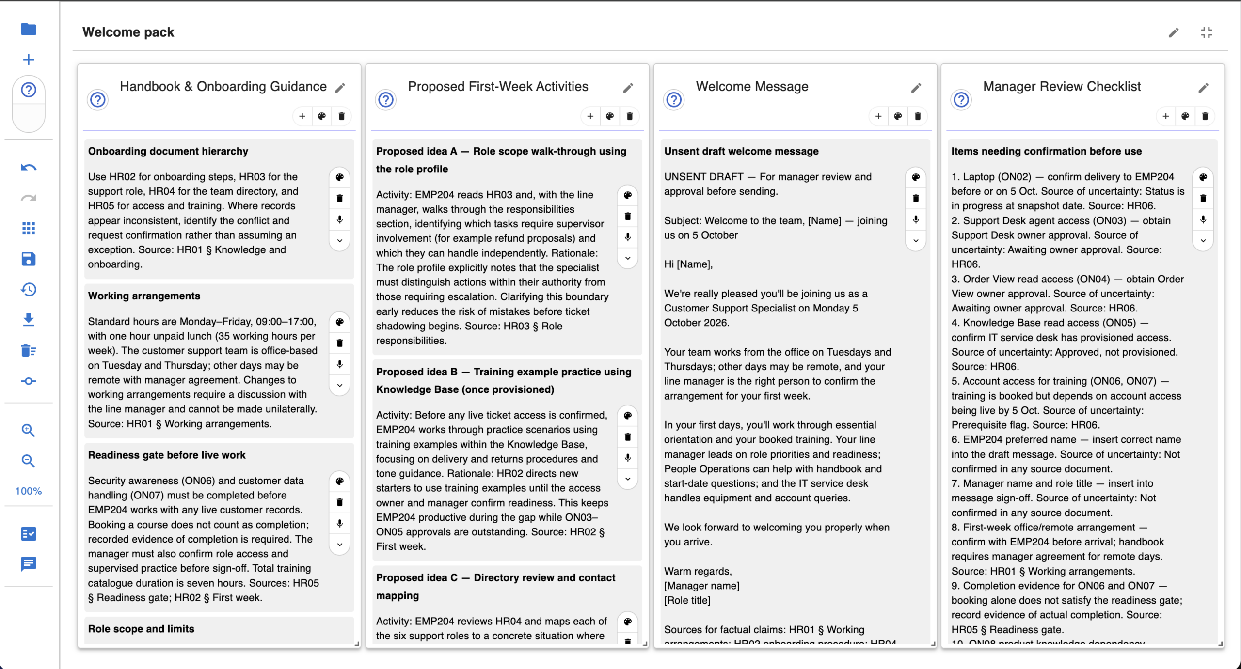 Onboarding welcome pack with guidance, activities and message