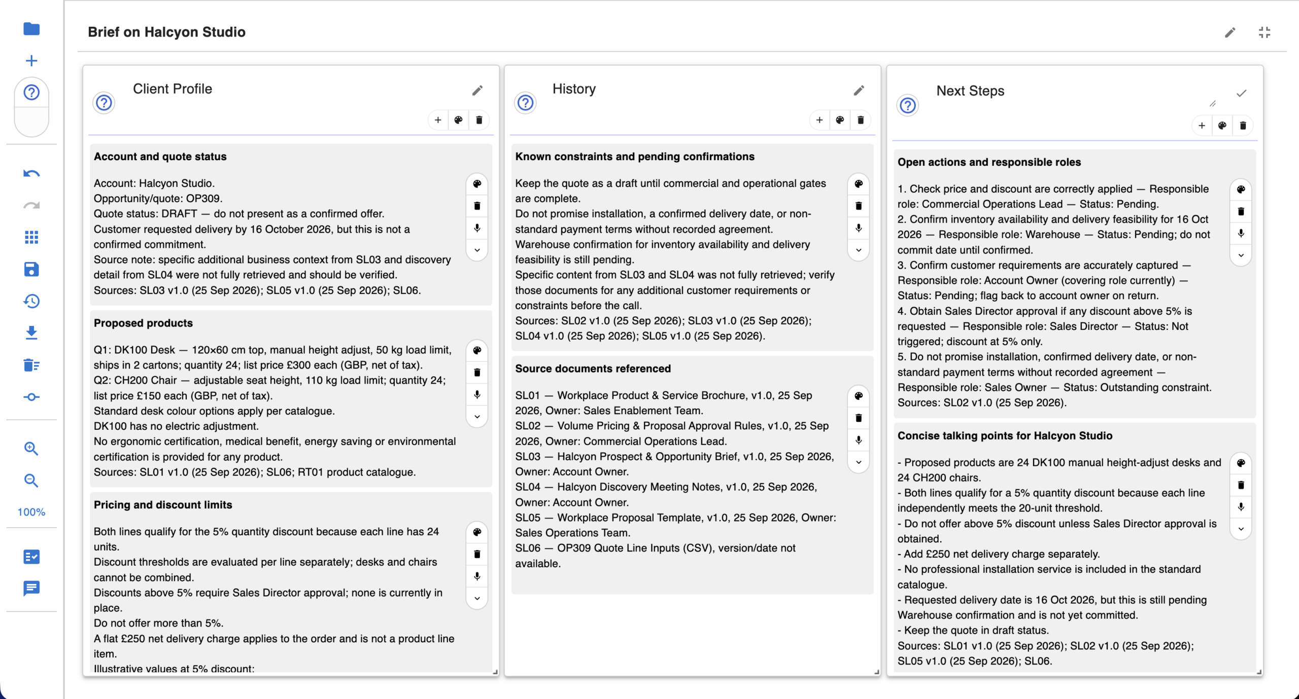 Client brief with profile, history and next steps