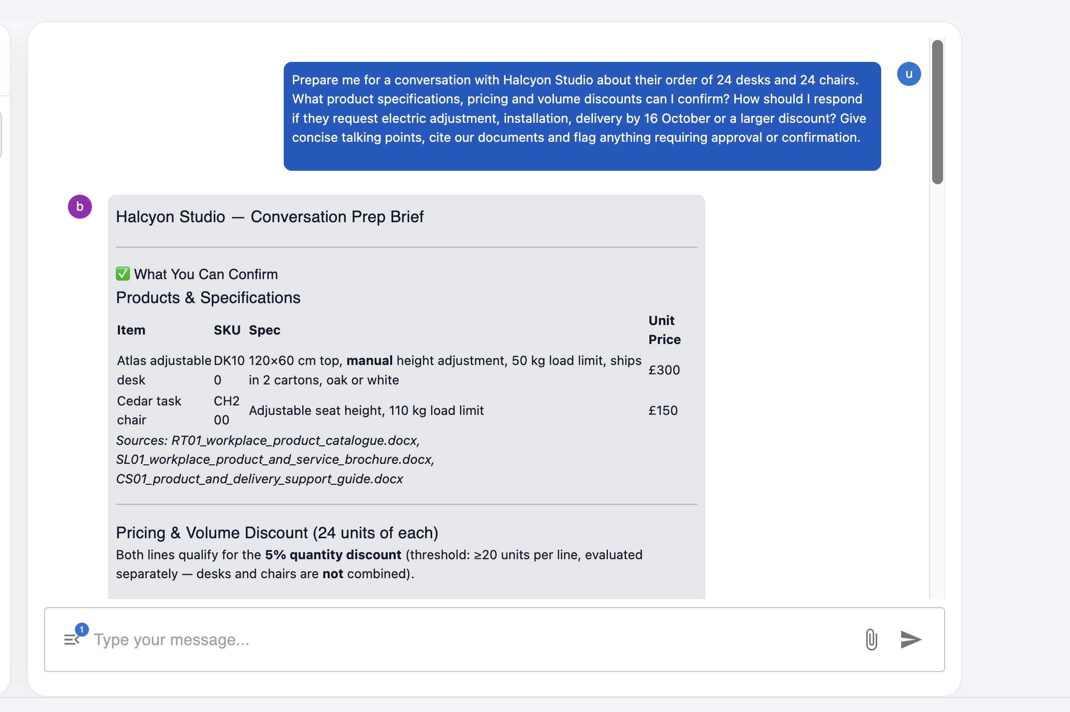Birbal chat preparing a customer conversation brief