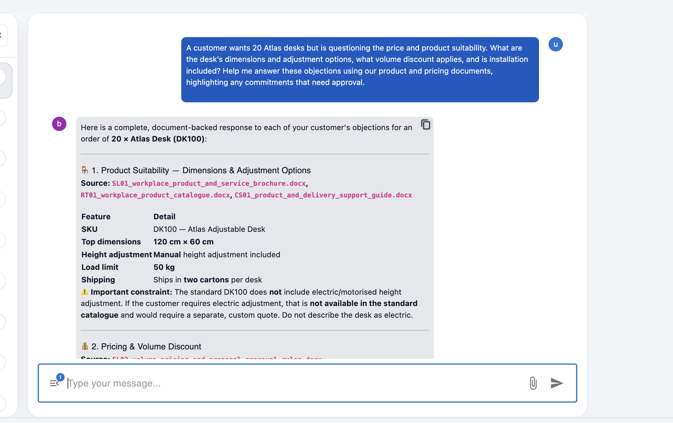 Birbal chat answering customer price and product objections